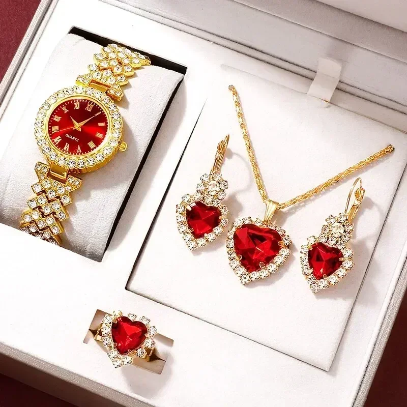 Jewelry Watches Luxury - Złoty Luksusowy Zegarek Damski Pierścionek Naszyjnik